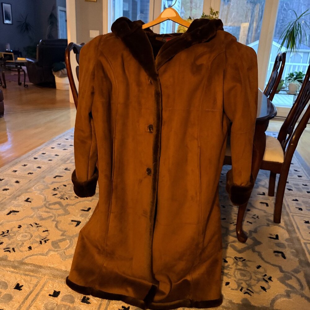 Full Length faux shearling coat Camel brown Hooded warm winter Coat